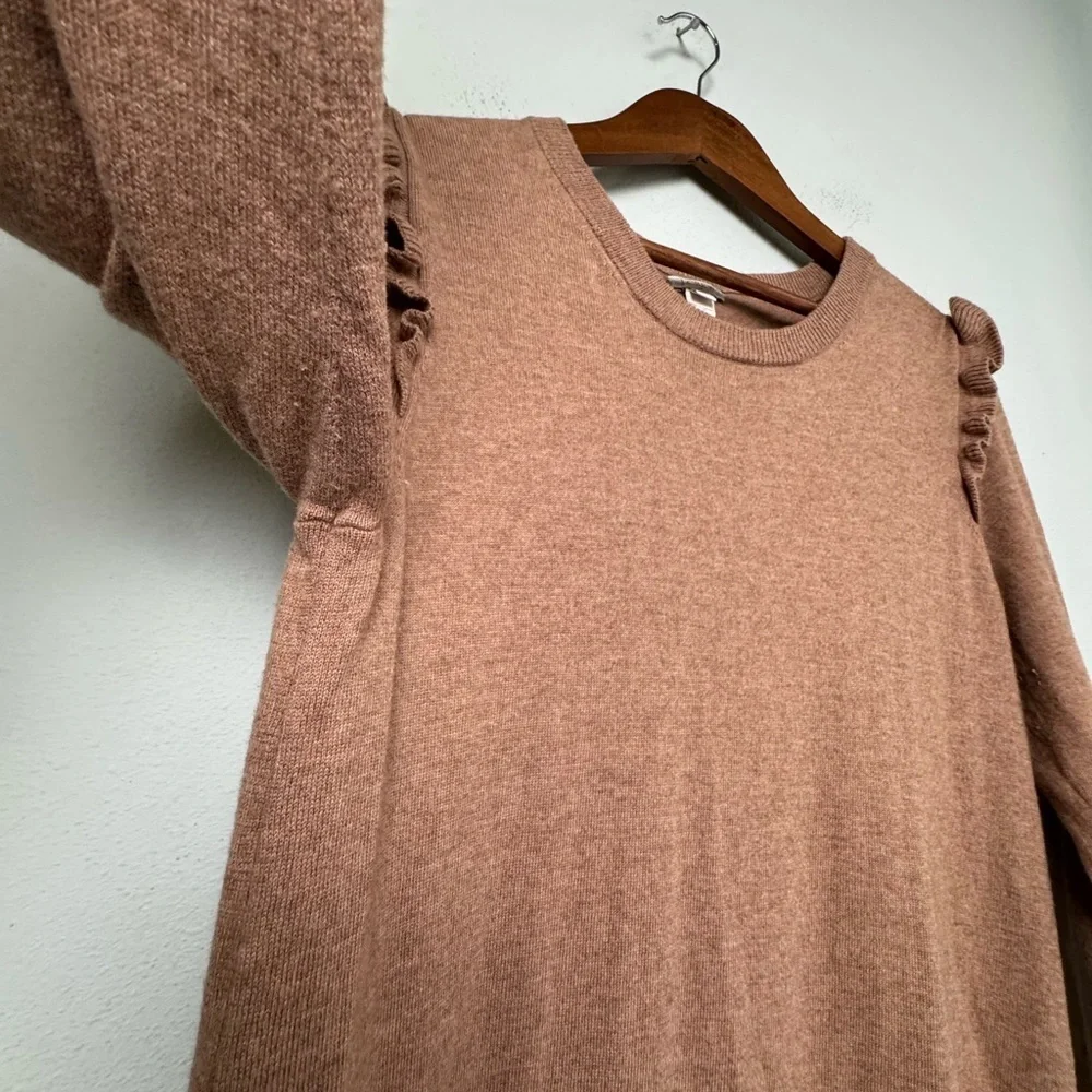 J. Crew Women’s Wool Blend Ruffle-Hem Sweater Dress in Saddle Tan Brown Size‎ L